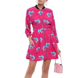 MAJE Pink Crepe Floral Zip Front 3/4 Sleeve A-Line Pleated Dress